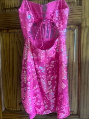 Girls' Hot Pink Sequin Floral Lace-Up Back Party Dress